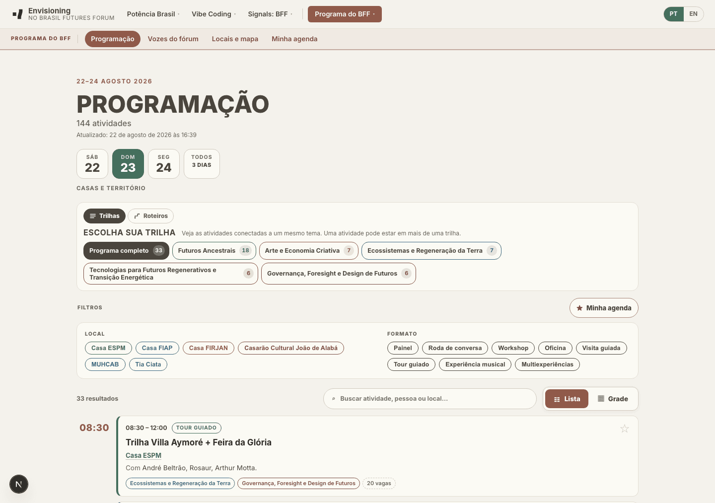 Tela da programação do BFF com dias, trilhas, filtros e atividades
