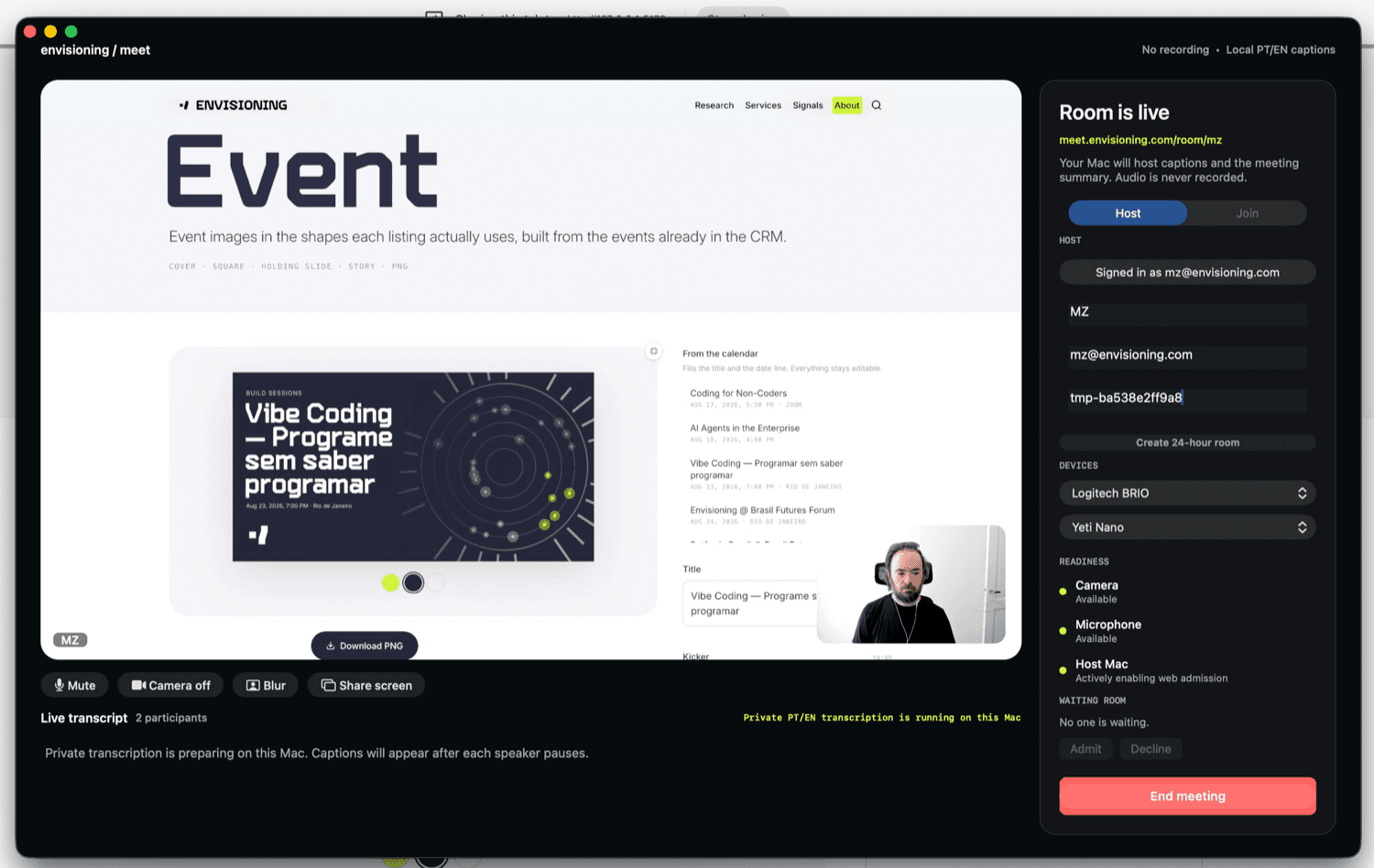 The Meet host window with a room live and a screen share running