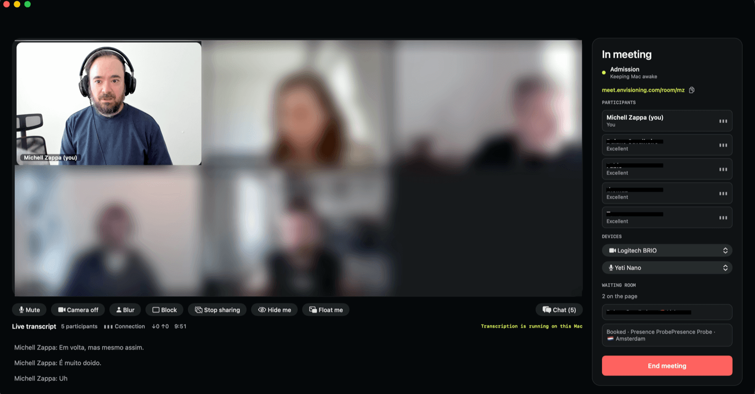 A five-person meeting in Meet, with the live transcript below it